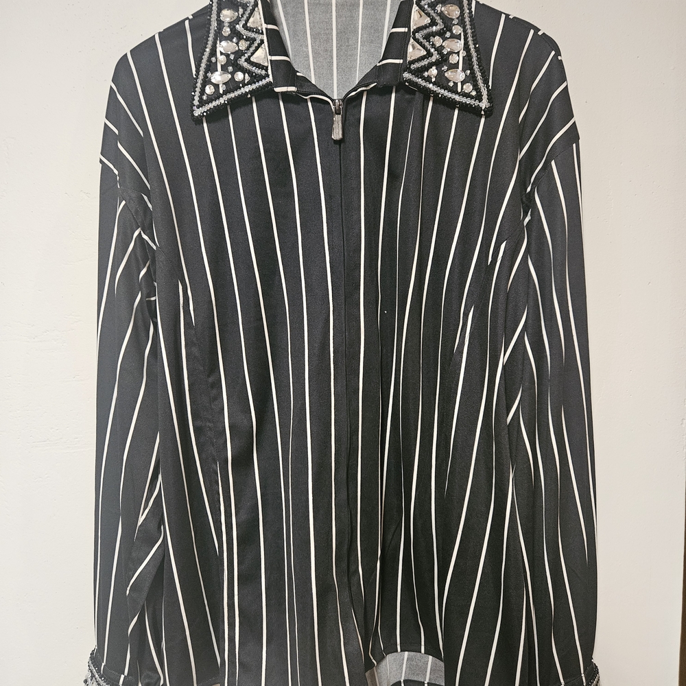 Black and White Striped Blazer with Embellished Collar